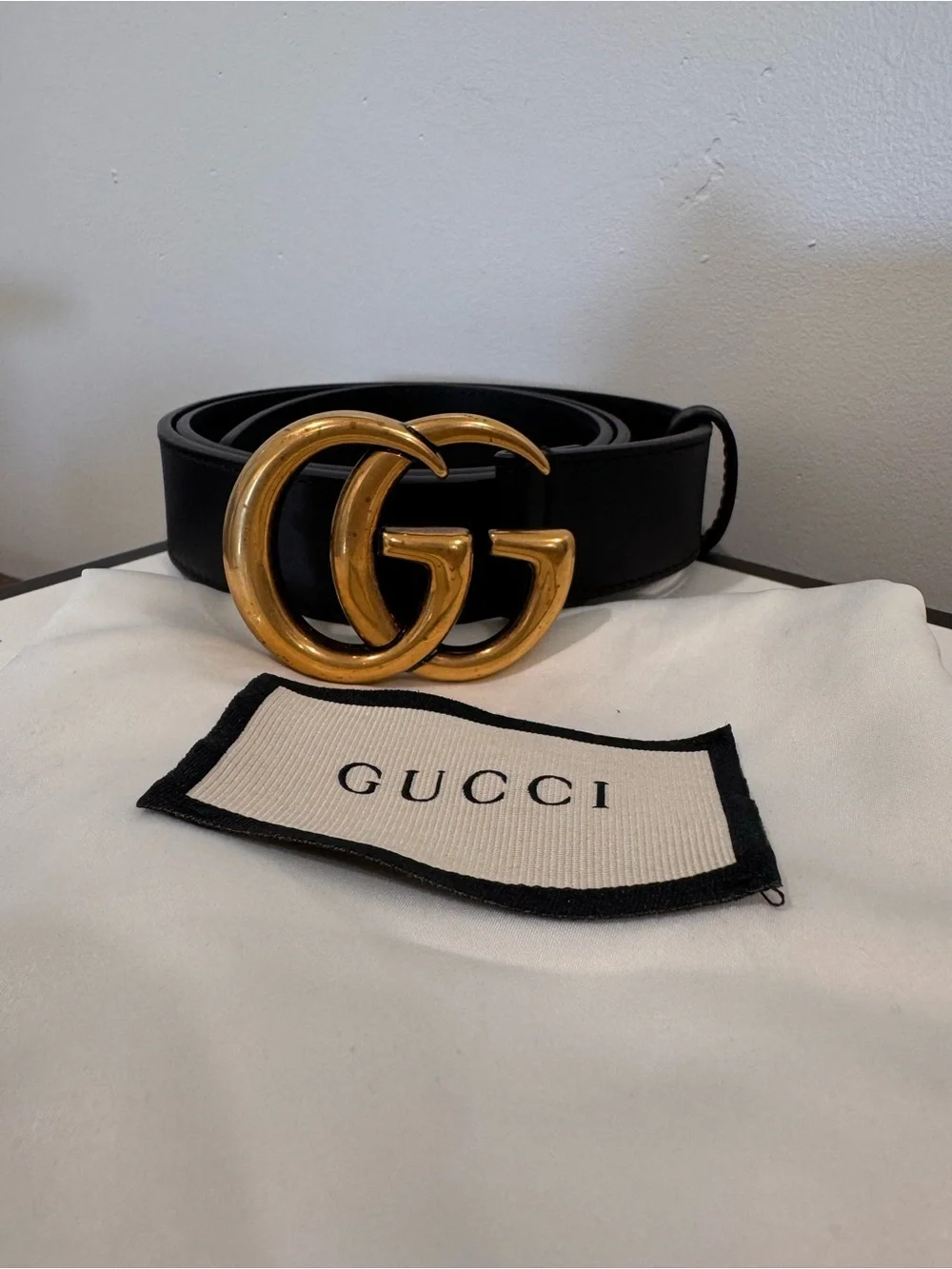 Gucci Black Leather Belt with Gold Double G Interlocking Buckle